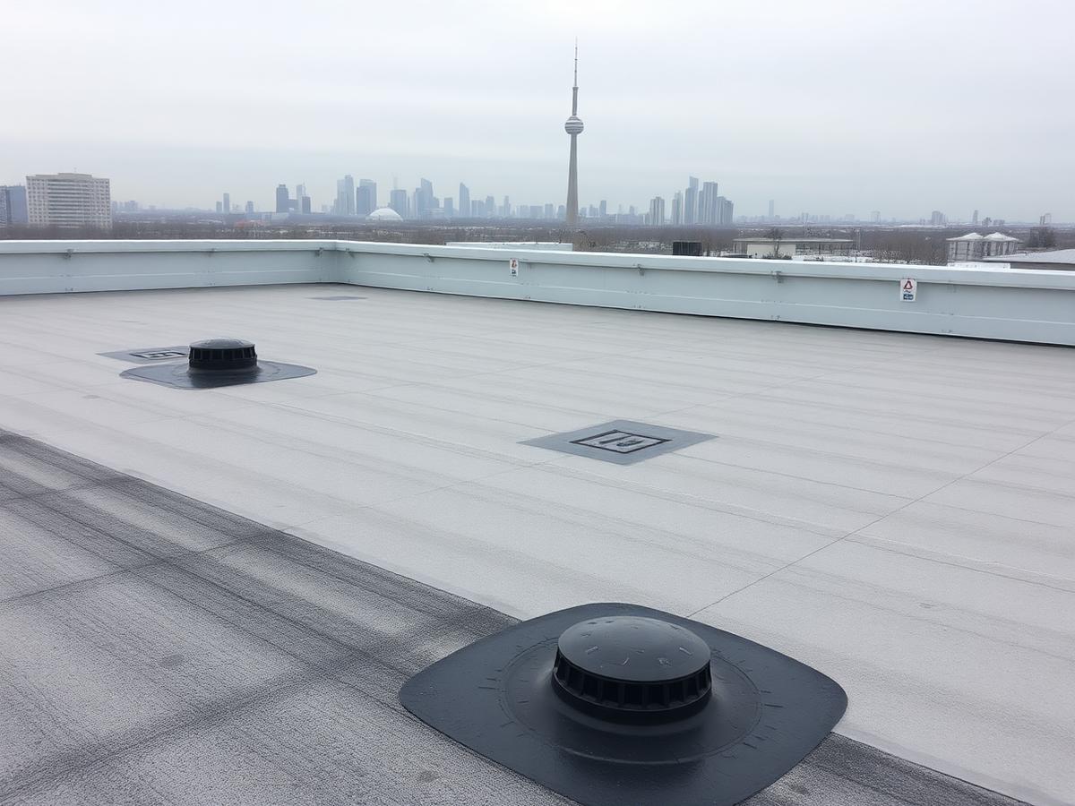 Newly installed modified bitumen flat roof with drains and parapet wall in Toronto